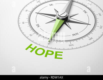 Magnetischer Kompass mit Nadel nach grünen Hoffnung Wort auf weißem Hintergrund 3D Illustration Stockfoto