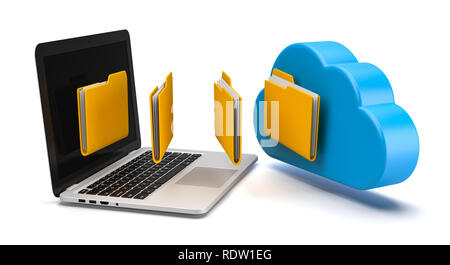 Laptop Übertragen von Daten auf eine blaue Wolke 3D-Abbildung auf weißem Hintergrund Stockfoto