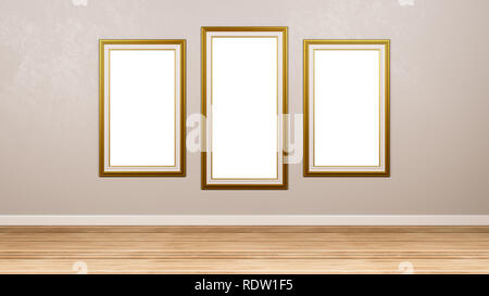 Triptychon von klassischen rechteckigen leeren goldenen Bilderrahmen an der Wand im Raum 3D-Rendering Stockfoto