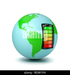 Welt durch eine elektrische Batterie auf weißem Hintergrund 3D Illustration Powered Stockfoto
