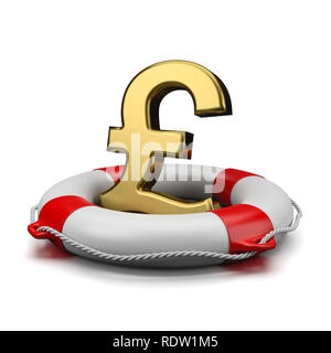 Gold Pfund britische Währung Symbol Form auf einem Rettungsring auf weißem Hintergrund 3D Illustration Stockfoto