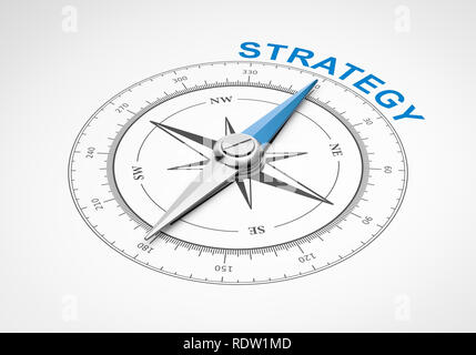 Magnetischer Kompass mit Nadel nach Blau Strategie Word auf weißem Hintergrund 3D Illustration Stockfoto