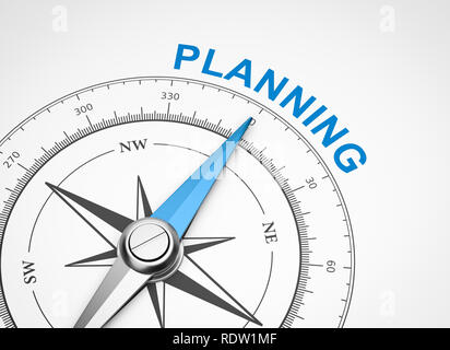 Magnetischer Kompass mit Nadel nach Blau Planung Wort auf weißem Hintergrund 3D Illustration Stockfoto