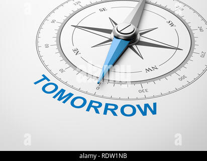 Magnetischer Kompass mit Nadel nach blauen Morgen Wort auf weißem Hintergrund 3D Illustration Stockfoto