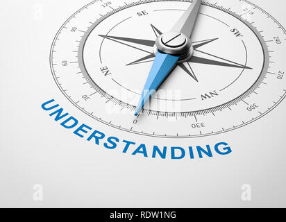 Magnetischer Kompass mit Nadel nach blauen Verständnis Wort auf weißem Hintergrund 3D Illustration Stockfoto