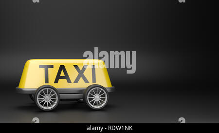 Gelbes Taxi Dach Zeichen auf Rädern auf schwarzen Hintergrund mit Copyspace 3D-Darstellung Stockfoto