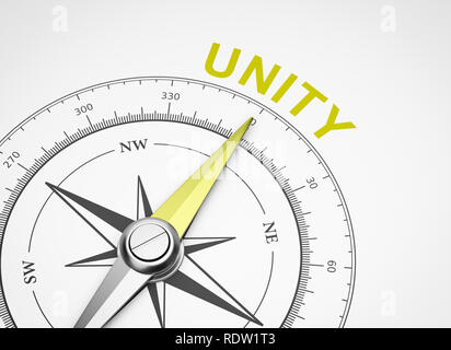 Magnetischer Kompass mit Nadel nach Gelb Einheit Wort auf weißem Hintergrund 3D Illustration Stockfoto