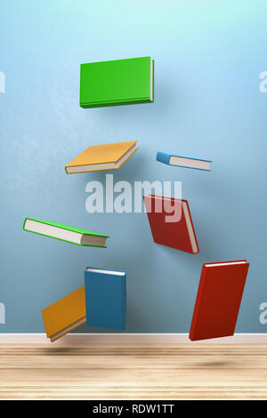 Bunte Satz Bücher Fliegen in einem blauen Wand Zimmer 3D Illustration Stockfoto