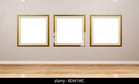 Triptychon von klassischen Platz Leeren goldenen Bilderrahmen an der Wand im Raum 3D-Rendering Stockfoto