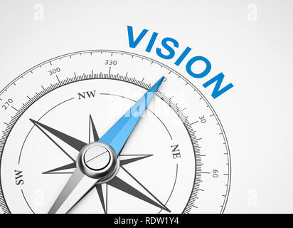 Magnetischer Kompass mit Nadel nach Blue Vision Wort auf weißem Hintergrund 3D Illustration Stockfoto