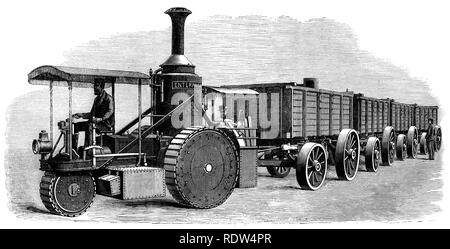 Dampfzugmaschine von 1870: Thomson's Road-Steamer und Coal-Wagons Stockfoto