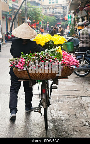 Frau, die Blumen auf der Straße in Hanoi, Vietnam Stockfoto