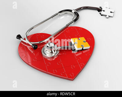 3D-Darstellung der Roten puzzle Herz mit Stethoskop auf weißem Hintergrund. Stockfoto