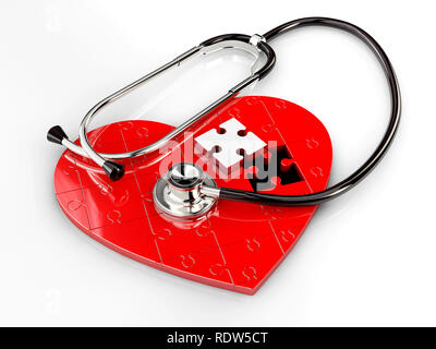 3D-Darstellung der Roten puzzle Herz mit Stethoskop auf weißem Hintergrund. Stockfoto