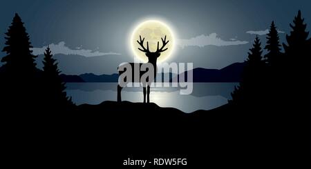 Rentier am see full moon dunkle Nacht Tiere natur landschaft Vektor-illustration EPS 10. Stock Vektor