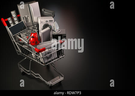 Haushaltsgeräte im Warenkorb auf schwarzem Hintergrund. E-Commerce Online shopping Konzept. 3D-Darstellung Stockfoto