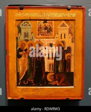 Die Erscheinung der Mutter Gottes zu heiligen Sergius von Rodonezh, späten 1500s, Eitempera auf Holz - Jordan Schnitzer Stockfoto