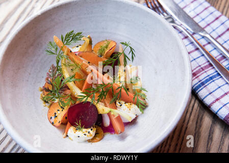 Eine Schüssel mit Rettich, Karotten und rote Beete Salat mit geräuchertem Joghurt, Mandel Sukka, und Bockshornklee Honig. Shepherd ist ein neues Restaurant in der Hanna Stockfoto