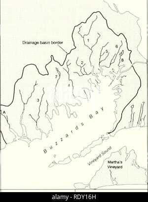 . Ökologie der Buzzards Bay: ein Ästuar- Profil. Mündungs- Ökologie - - Massachusetts Buzzards Bay (Bucht); Ökologie - - Massachusetts Buzzards Bay Watershed. Ökologie der Buzzards Bay: Ein Estuanne Profil 29 3.1. Süßwasser: Regen-, Oberflächen- und Grundwasser die Wasserscheide von Buzzards Bay ist die Region auf der Niederschlag fließt über die Oberfläche oder durch Grundwasser in die Bucht. In den einfachsten tenns, die Schicksale der Niederschlag auf der Fläche sind Surface wa-ter Abfluss durch Flüsse und Bäche, Untergrund Transport und Einleitungen von Grundwasser oder Rückkehr in die Atmosphäre über der Oberfläche evaporat Stockfoto