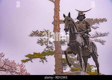 Eine Statue von Masamune Date auf dem Pferderücken in Sendai Schloss in voller Blüte Kirschblüte, Aobayama Park, Sendai, Miyagi, Japan Stockfoto