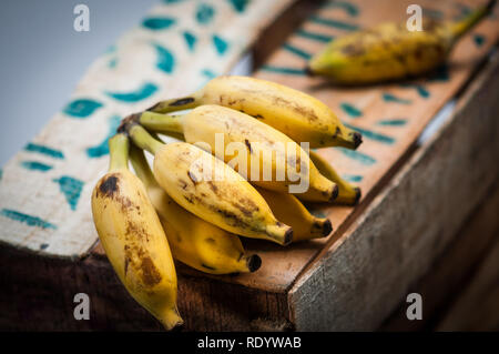 Bündel von Indischen kleine Bananen auf einer Holzkiste auf dem Markt angezeigt. Stockfoto