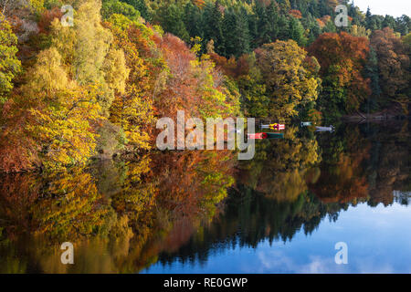 Bunte Boote auf dem Loch Faskally in der Nähe von Pitlochry, Perthshire, Schottland Stockfoto