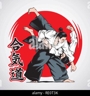 Aikido Kämpfer. Kampfsportarten Inschrift auf der Abbildung ist eine Hieroglyphen des Aikido, Japanisch. Vector Illustration. Stock Vektor