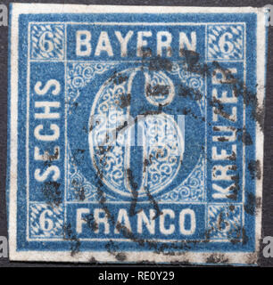 Deutsche Briefmarke aus Bayern. Kreuzer. Stockfoto