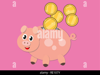 Happy Sparschwein mit goldenen Münzen rollten isoliert auf rosa Hintergrund - Abbildung Stockfoto