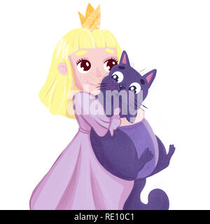 Märchen Prinzessin im rosa Kleid umfasst Purple cat Stockfoto