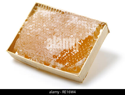 Honeycomb in Holzrahmen auf weißem Hintergrund Stockfoto