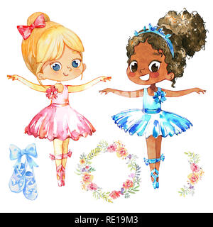 African American Ballerina Prinzessin Charakter Tänzerin Set. Niedliche Kind Mädchen tragen blaue Tutu Kostüm Ausbildung in der Schulklasse. Baby Ballett Poster Design Konzept Flachbild Cartoon Illustration Stockfoto