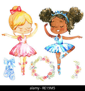 Afrikanische kaukasischen Ballerina Mädchen Zeichensatz. Niedlichen Freund tragen Blau und Rosa Tutu Kleid Ausbildung in Ballett Schule Klasse. Baby Tänzer schöne Poster Design Flachbild Cartoon Illustration. Stockfoto