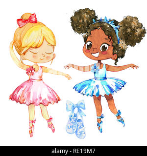 Ballerina Freundin paar Charakter der Ausbildung. Cute Afrikanische amerikanische Kind tragen blaue Tutu Kleid und Pointe Pose in multikulturellen Schule. Baby Ballett Grußkarte Kit Design Flachbild Cartoon Illustration. Stockfoto