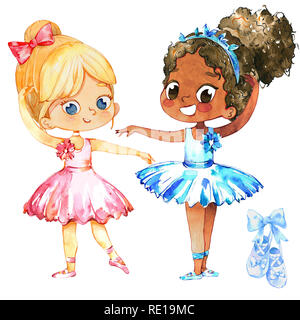 Ballett Tänzerin Mädchen Freundschaft Charakter Kit. African American elegante Ballerina Training mit kaukasischen Freund. Cute Grundschule Kind in blauer Tutu Kostüm Pose flach Cartoon Illustration Stockfoto