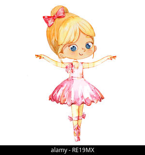 Blond Ballerina Prinzessin Charakter Tänzerin Mädchen. Niedliche Kind Mädchen tragen rosa Tutu Kostüm Ausbildung in der Schulklasse. Baby Ballett Poster Design Konzept Aquarell Abbildung. Isoliert. Stockfoto