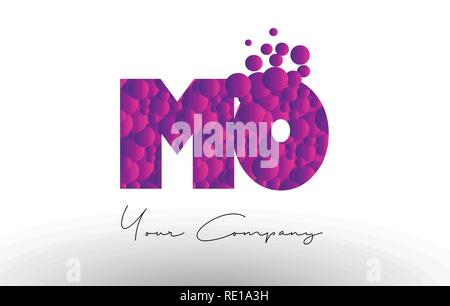 MO M O Punkte Schreiben Logo mit Lila Rosa Magenta Blasen Textur Vektor. Stock Vektor