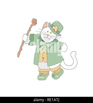 Clip Art Illustration einer Katze/Kätzchen niedliche gekleidet wie ein Kobold und Tanzen auf einem weißen Hintergrund. Stockfoto