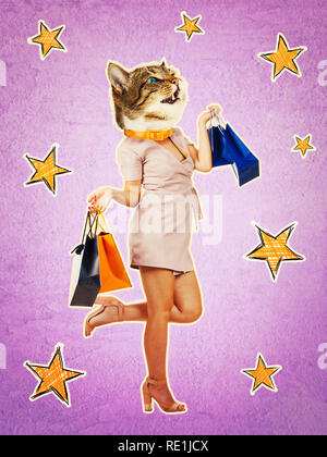 Zeitgenössische Kunst Collage in voller Länge Porträt der glücklichen Kätzchen leitete Frau, Bein umgeknickt, die einkaufstaschen nach dem Verkauf. Lila style Collage, Zin Stockfoto