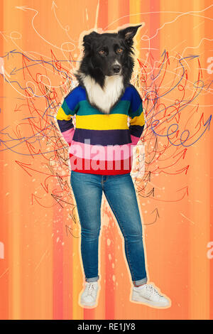Zeitgenössische Kunst Collage in voller Länge Porträt positiven Hund unter der Leitung Frau Hand hinter zurück. Modern pop art zine Kultur Konzept. Lustige border coll Stockfoto