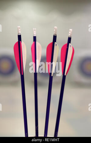 Jugend Bogenschießen Pfeile mit Zielen im Hintergrund Stockfoto