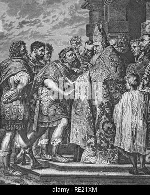 Der hl. Ambrosius excommunicating der Kaiser Theodosius, historischer Stahlstich von 1860 Stockfoto