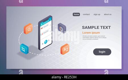 Mobile translator Anwendung online Übersetzung Konzept der Bildschirm des Smartphones internet Wörterbuch lernen Sprache App 3d-isometrische waagrechten Platz kopieren Stock Vektor