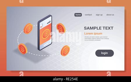 Cryptocurrency Brieftasche online mobile storage Anwendung Bitcoin Mining Konzept isometrische 3D-Bildschirm des Smartphones crypto Devisenhandel app waagrechten Platz kopieren Stock Vektor