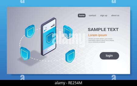 Datenschutz Mobile Internet Security Konzept isometrische 3D-Bildschirm des Smartphones digital shield Netzwerk sicher waagrechten Platz kopieren Stock Vektor