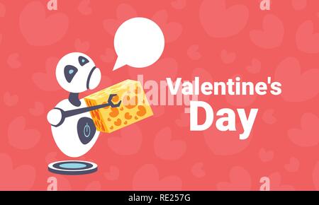 Müde Roboter holding Geschenkbox vorhanden happy valentines Tag Konzept Sprechblase Kommunikation künstliche Intelligenz der digitalen Technologie waagrechten Grußkarte Stock Vektor