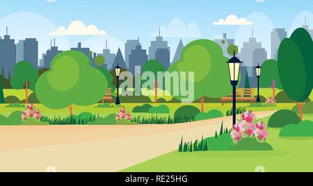 Landschaft der Stadt öffentliche Sommer Park Szene Holzbank street lamp moderne Gebäude Skyline Stadtbild Hintergrund waagrechten Stock Vektor