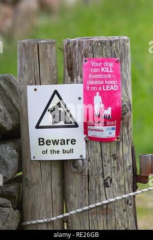 Warnzeichen. Vorsicht vor dem Stier. Ihr Hund kann töten Tiere - bitte an der Leine, die Spaziergänger, Wanderer, Wanderer halten, Hundebesitzer, über den Fußweg. Die ​Isle von Iona, Innere Hebriden, an der Westküste von Schottland. Stockfoto