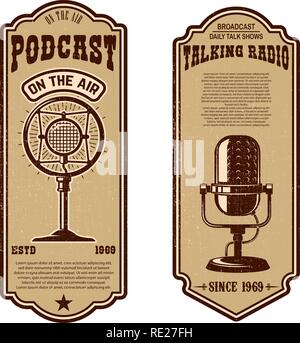 Satz von Vintage podcast, Radio Flyer mit Mikrofon. Design Element für Logo, Label, Zeichen, Emblem, Poster. Vector Illustration Stock Vektor