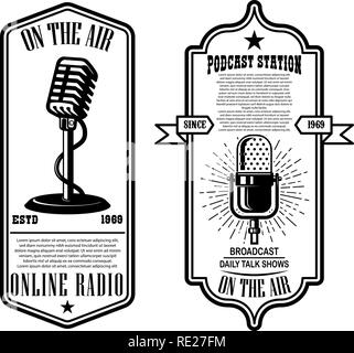 Satz von Vintage podcast, Radio Flyer mit Mikrofon. Design Element für Logo, Label, Zeichen, Emblem, Poster. Vector Illustration Stock Vektor